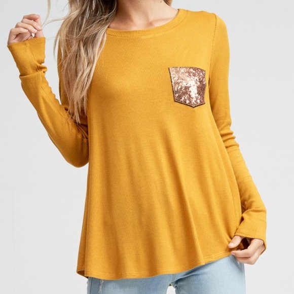 white birch Tops - 9. Mustard Thermal Top with Sequin Pocket and Buttons